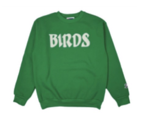 Green heavy weight cotton crewneck sweatshirt from Boathouse Sports with "BIRDS" printed on the chest.