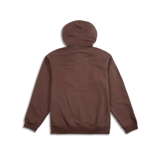 Topo Designs Alpine High Label Hoodie, back view in plain brown with hood, long sleeves, and ribbed details.
