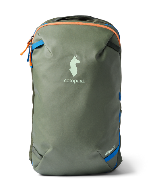 Cotopaxi Allpa Mini 20L Travel Pack in military green with orange and blue accents, featuring the brand logo.