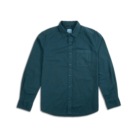 Topo Designs Men's Desert Shirt in dark teal, a long-sleeve button-up with a collar and chest pocket.