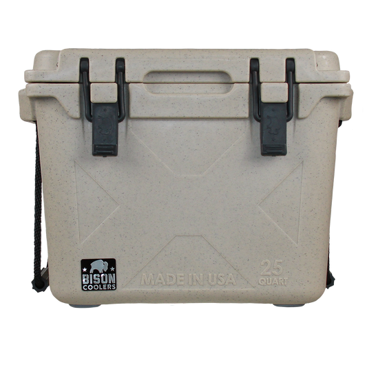 Light tan 25 QT Bison Cooler with black latches and handles, featuring the Bison Coolers logo. Made in USA.
