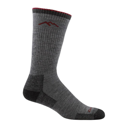 Darn Tough Men's Light Hiker Boot Socks, grey, with red mountain logo, ribbed texture, red cuff, black heel/toe.