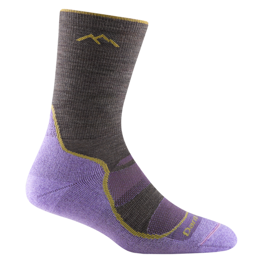 Women's Light Hiker Micro Crew sock by Darn Tough, with purple heel/toe, grey leg, and yellow accents.