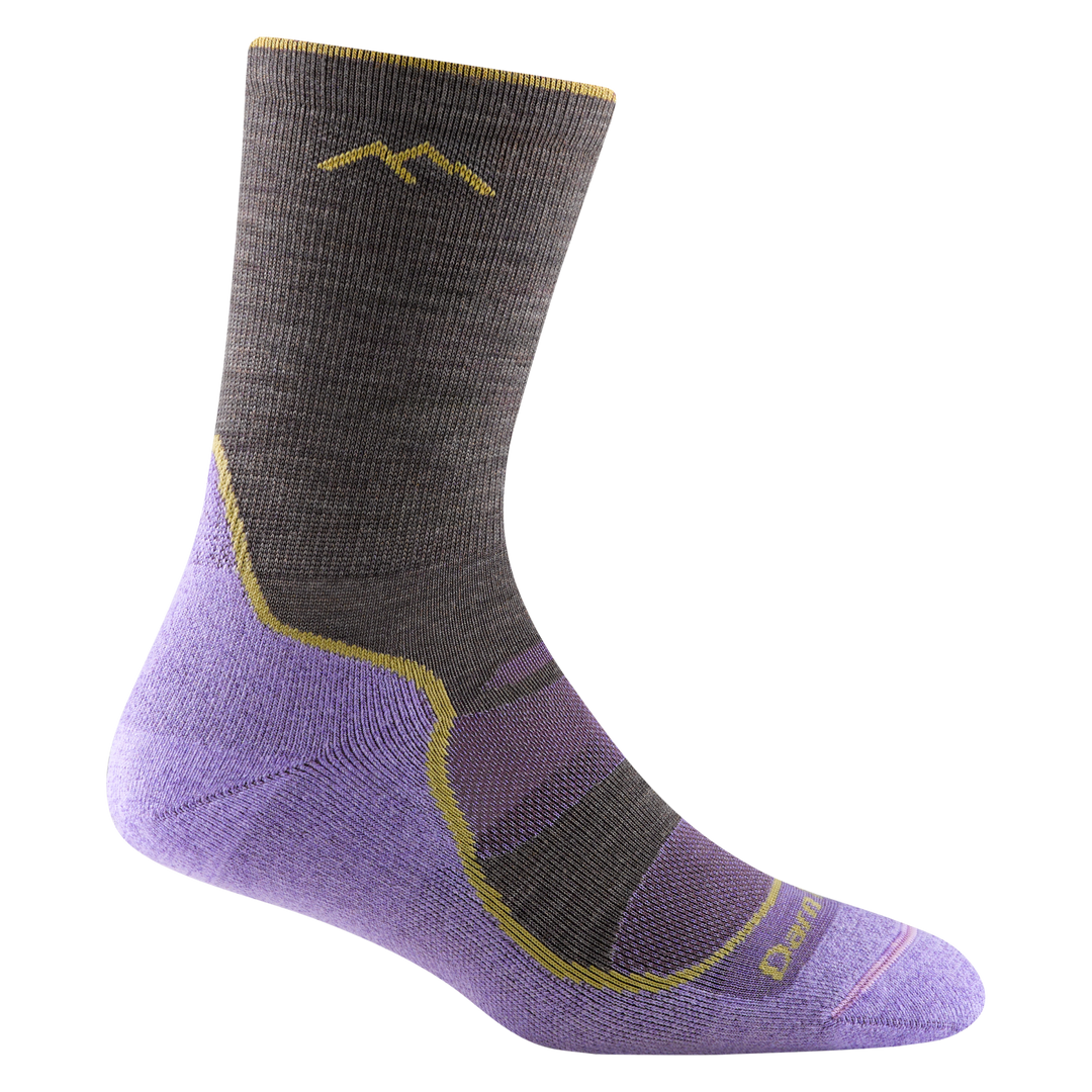 Women's Light Hiker Micro Crew sock by Darn Tough, with purple heel/toe, grey leg, and yellow accents.