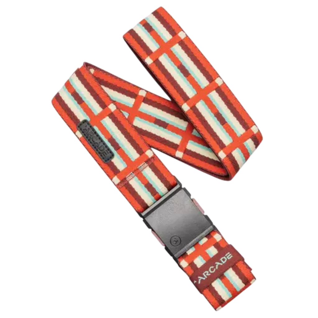 Arcade Keyah Stretch Belt featuring an orange, red, blue, and cream plaid-like pattern with a black buckle.