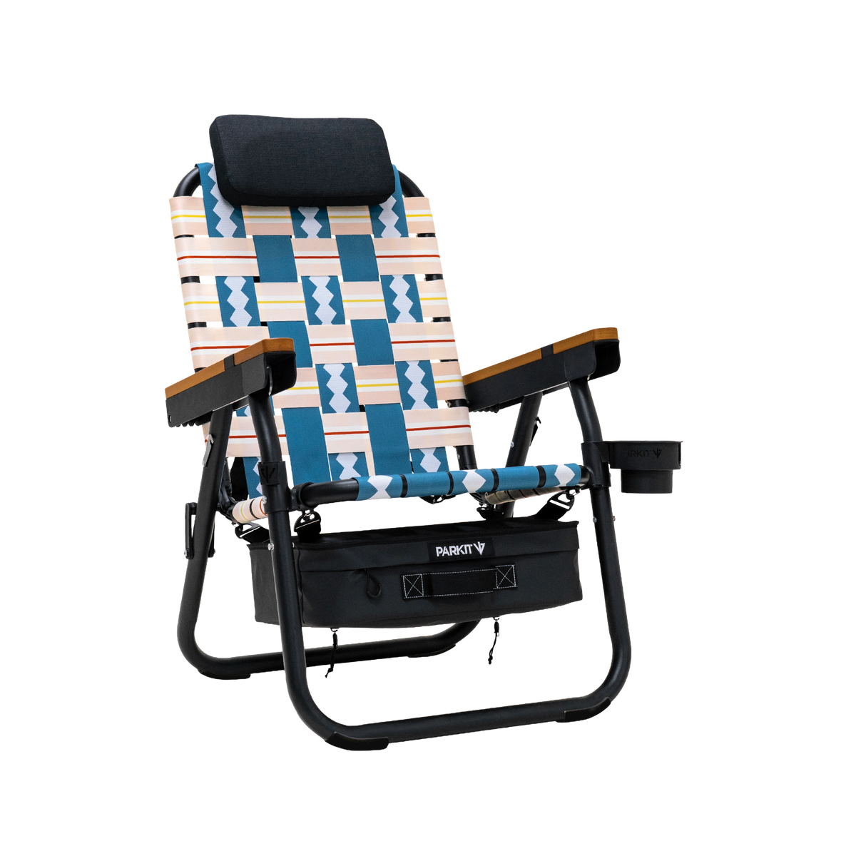 Eclipse PARKIT folding recliner chair with blue, white, peach woven geometric fabric, wooden armrests, black headrest, storage bag, and cup holder.