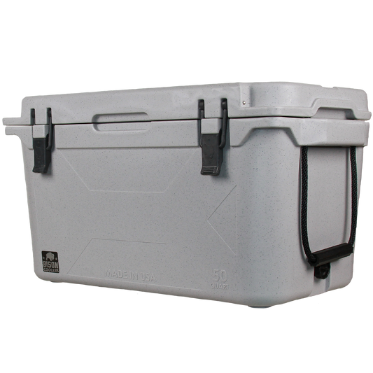 50 QT Bison Cooler in light grey, speckled design with black latches and rope handle, made in USA.