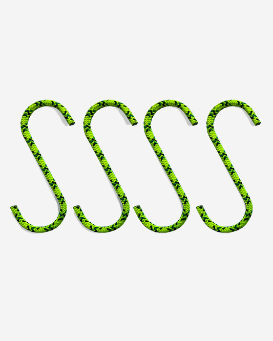 Media Mercantile Utility Hanging Hooks 4 Pack. Four neon green and black patterned rope S-hooks for hanging items.