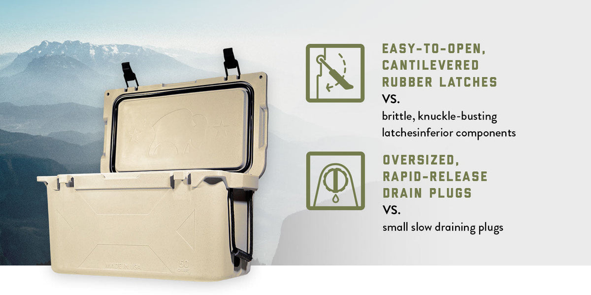 Beige 50 QT Bison Cooler open with mountains, featuring easy-open rubber latches & rapid-release drain plugs. Made in USA.