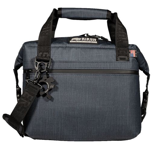 12-Can Hayden SoftPak Bison Cooler in dark grey with shoulder strap, top handle, front pocket, and Bison logo. Made in USA.