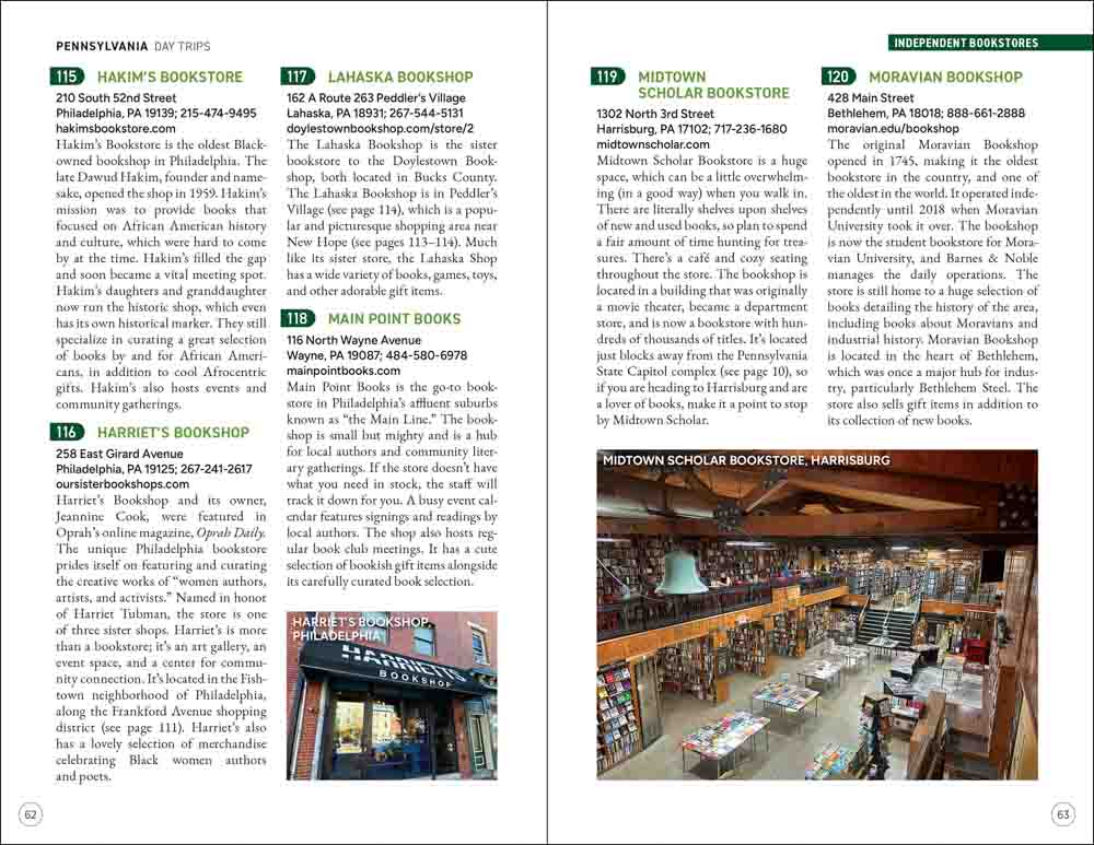 Pennsylvania Day Trips | Media Mercantile book spread featuring independent bookstores like Harriet's and Midtown Scholar.