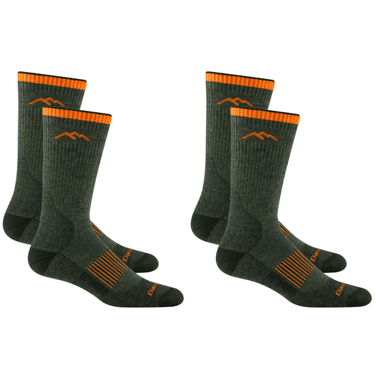 Two pairs of Darn Tough Men's Hunting Boot Midweight Socks in dark green with orange accents and mountain logo.