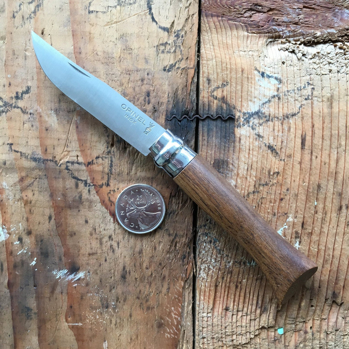 Opinel No.08 Stainless Steel Folding Knife on a rustic wooden surface with a Canadian quarter and corkscrew.