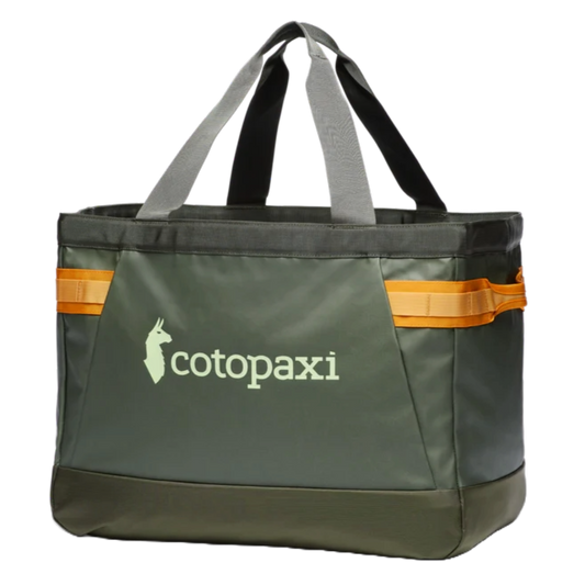 Cotopaxi Allpa 60L Gear Hauler Tote in dark green with orange accent straps, perfect for gear transport.