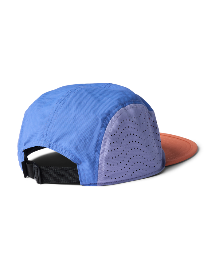Cotopaxi Tech Plus 5-Panel Hat, blue, purple perforated panel, orange brim, adjustable strap, back view