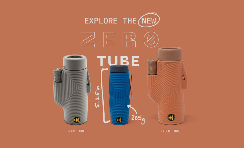 Nocs Provisions Zero Tube 10x25 Waterproof Monocular in grey, blue, and orange with size and weight info.