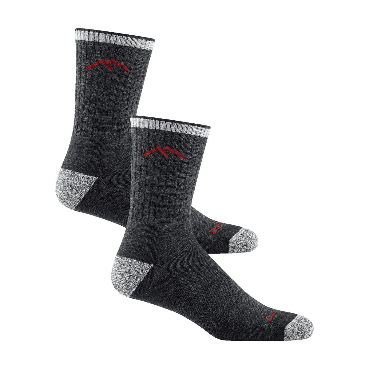 Darn Tough Men's Hiker Micro Crew Socks, charcoal ribbed pair with red mountain logo, light grey heel and toe.
