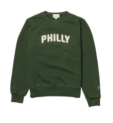 Dark green Light Weight Cotton Crewneck Sweatshirt from Boathouse Sports with "PHILLY" in white letters on the chest.