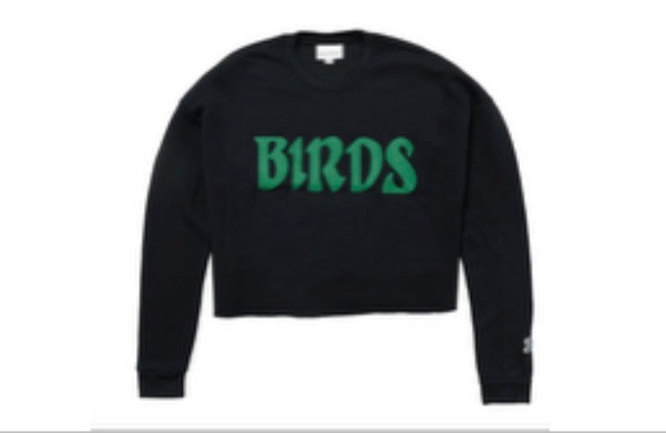 Black Boathouse Sports Birds Felt Cropped Sweatshirt with green "BIRDS" text on the front.