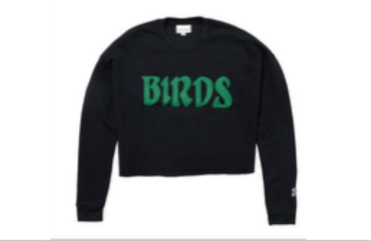 Black Boathouse Sports Birds Felt Cropped Sweatshirt with green "BIRDS" text on the front.