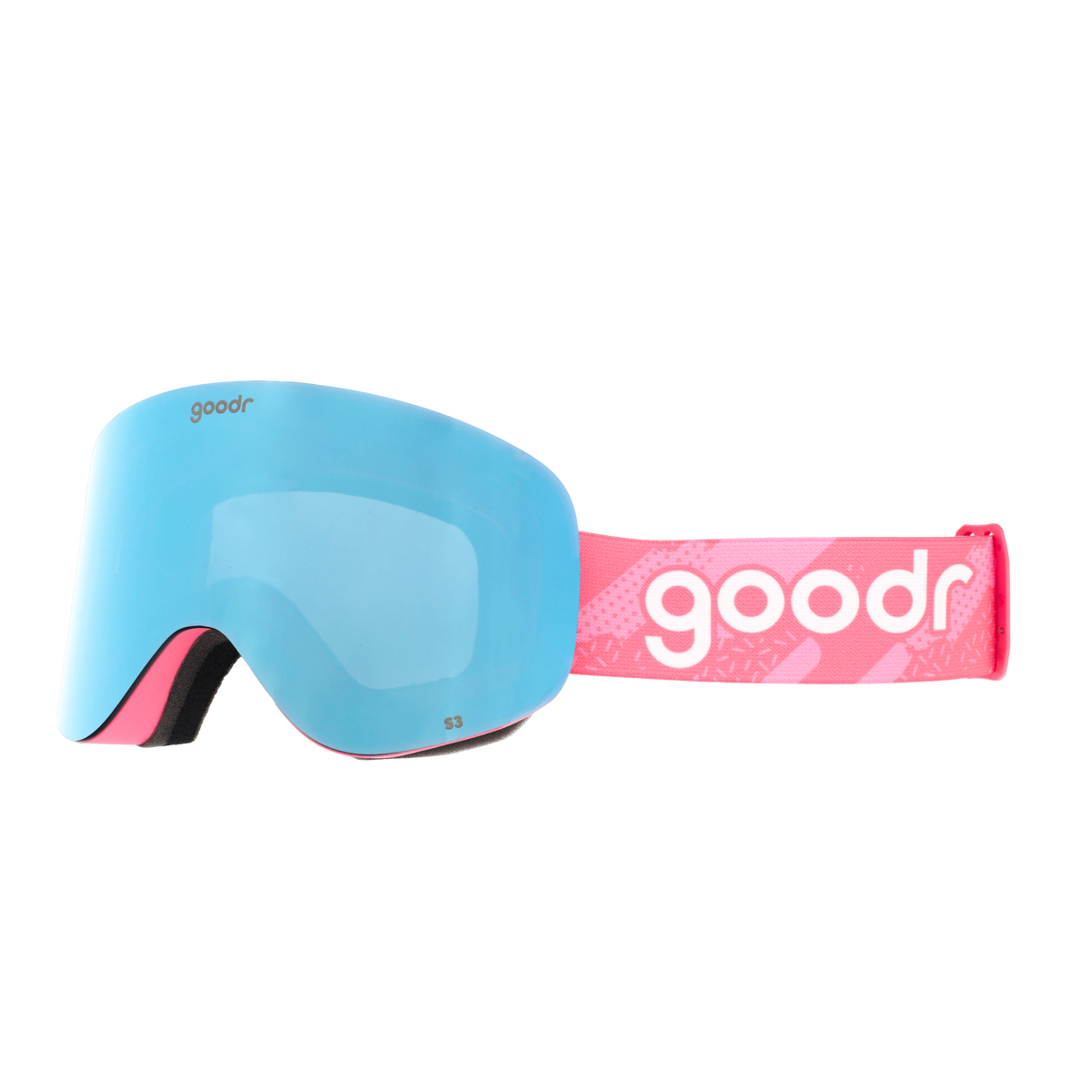 goodr 90s Ski Movie Villain ski goggles with light blue lens and a pink strap with goodr logo.