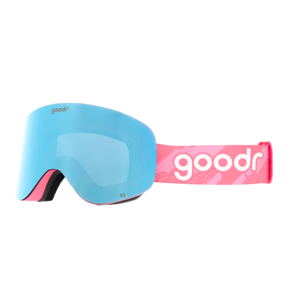 goodr 90s Ski Movie Villain ski goggles with light blue lens and a pink strap with goodr logo.