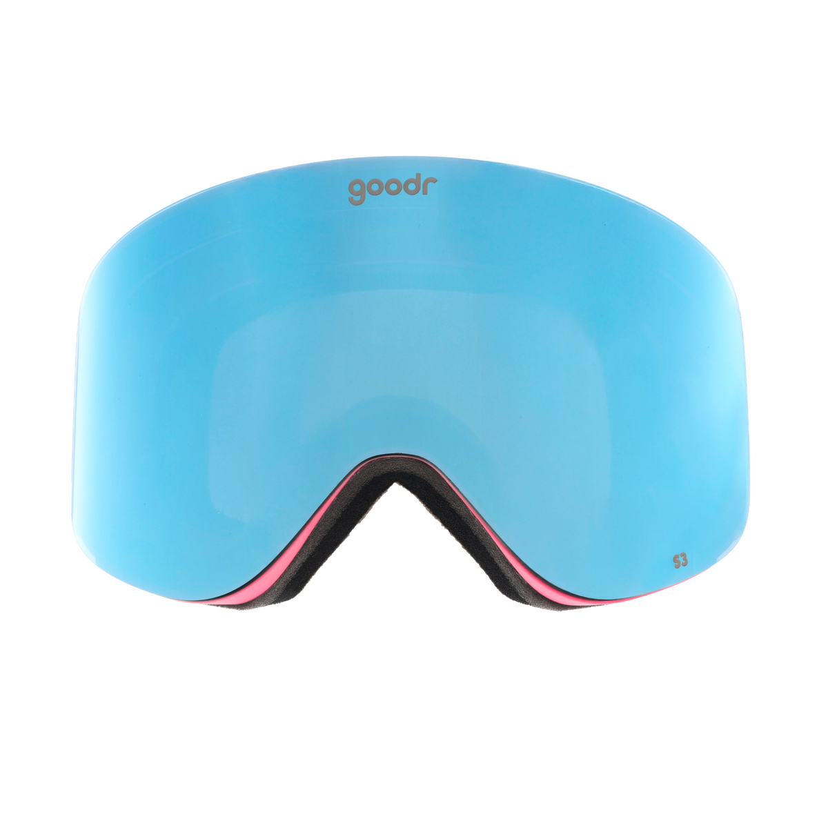 Goodr 90s Ski Movie Villain goggles with a vibrant blue lens, pink inner frame, and black foam