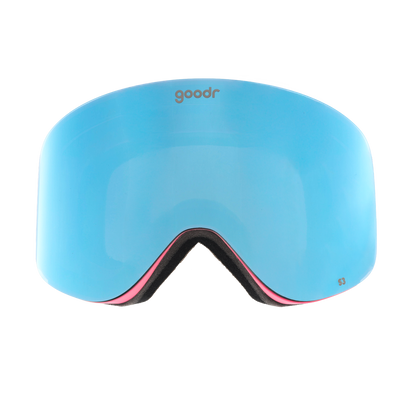 Goodr 90s Ski Movie Villain goggles with a vibrant blue lens, pink inner frame, and black foam