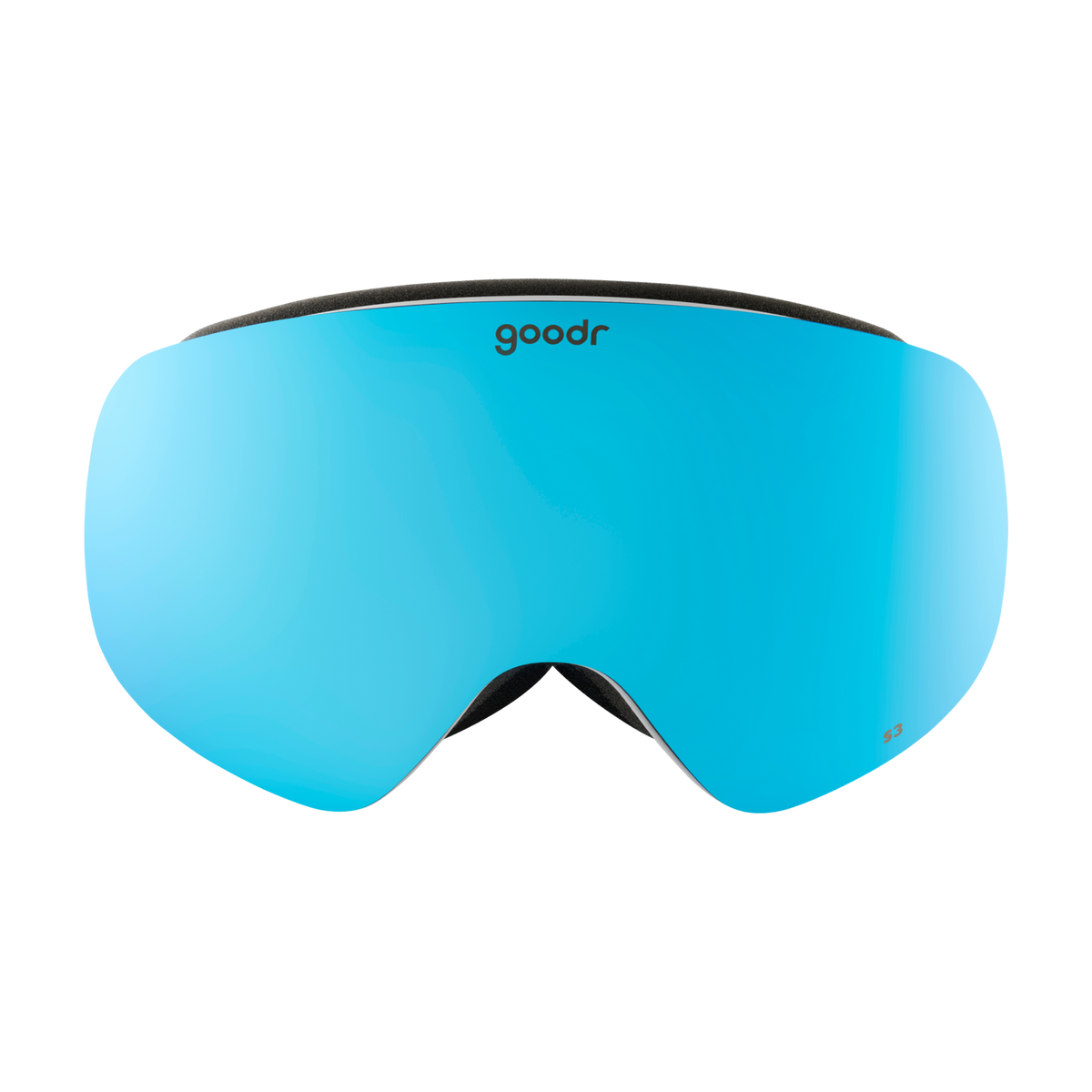 Abominable Snow Icon goodr ski goggles featuring vibrant blue mirrored lenses, studio shot on white background.