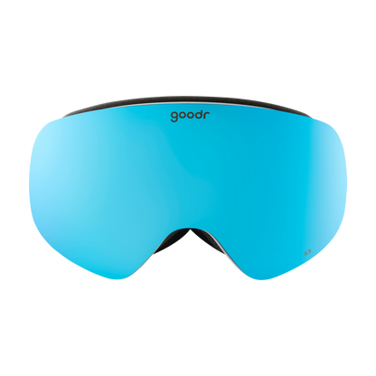 Abominable Snow Icon goodr ski goggles featuring vibrant blue mirrored lenses, studio shot on white background.