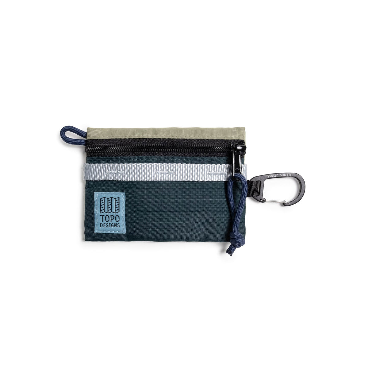 Topo Designs Mountain Accessory Bag in multi-tone sage, teal, and grey with a zipper closure and black carabiner clip.