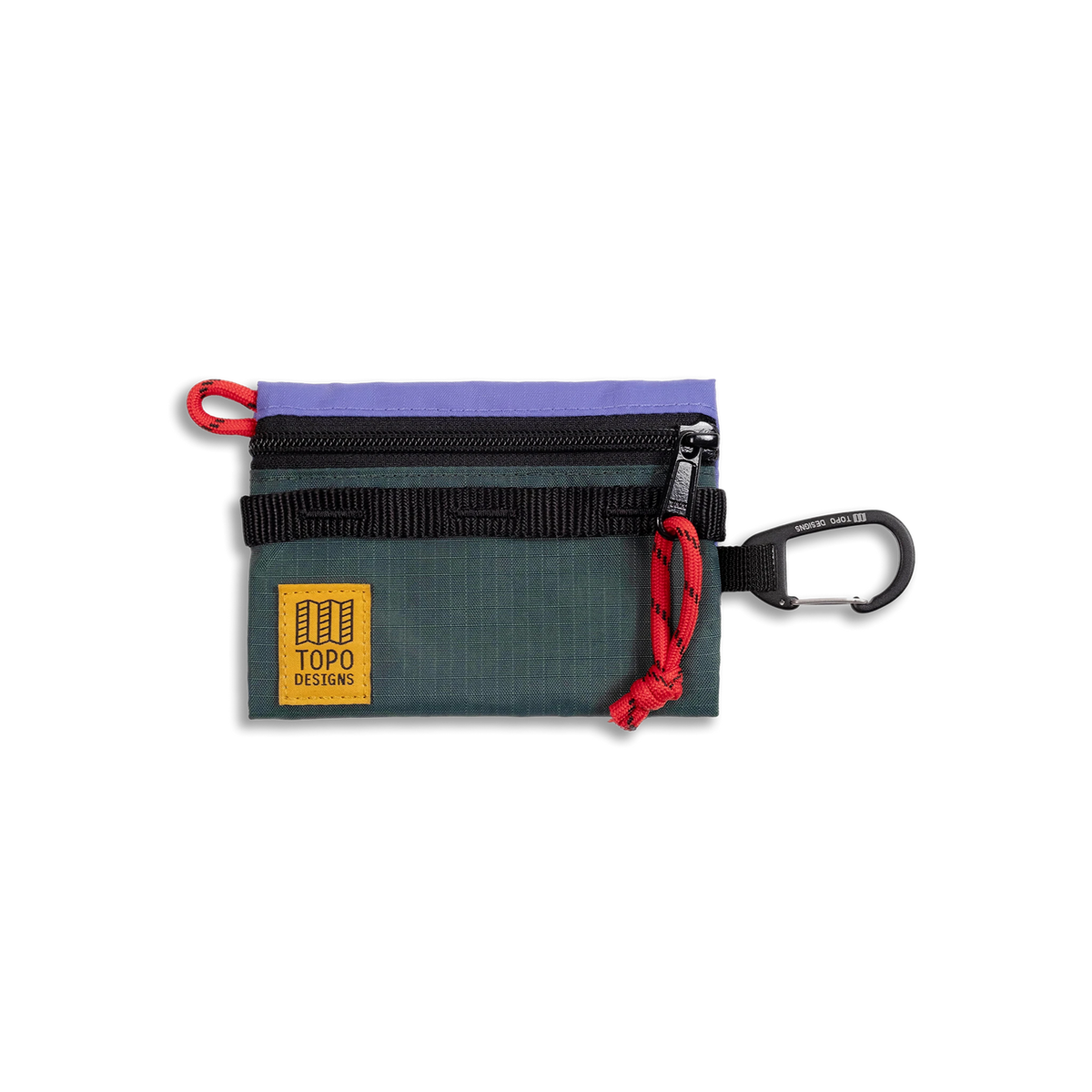 Topo Designs Mountain Accessory Bag in green with a purple top, black zipper, red cord pull, and carabiner clip.