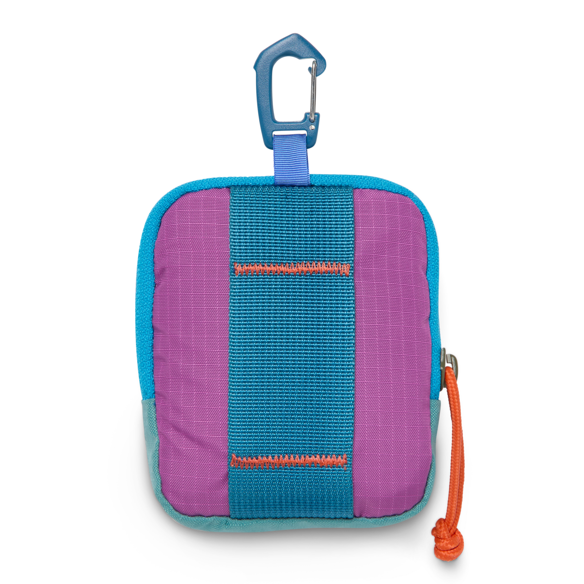 Cotopaxi Allpita Mini Bag in purple, blue, and teal with a blue carabiner clip, shown on a white background.
