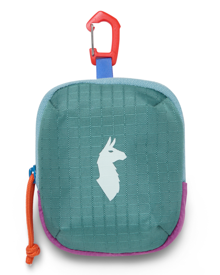 Cotopaxi Allpita Mini Bag in teal with a white llama logo, red carabiner, orange cord, and purple trim on a white background.