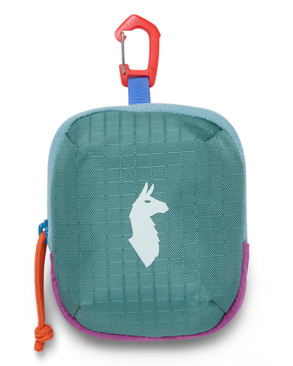 Cotopaxi Allpita Mini Bag in teal with a white llama logo, red carabiner, orange cord, and purple trim on a white background.