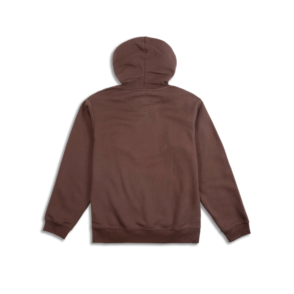 Topo Designs Alpine High Label Hoodie, back view in plain brown with hood, long sleeves, and ribbed details.