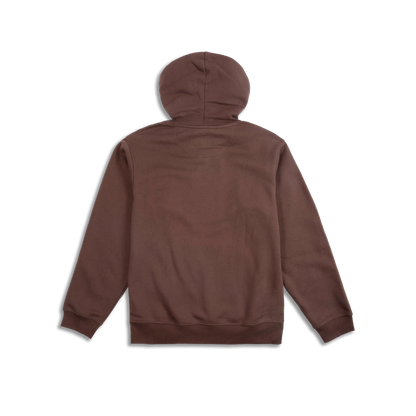 Topo Designs Alpine High Label Hoodie, back view in plain brown with hood, long sleeves, and ribbed details.