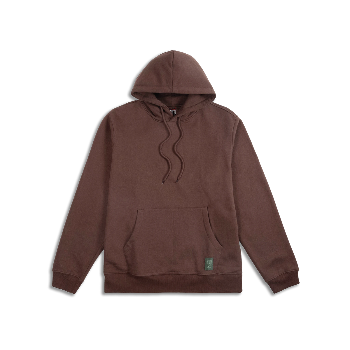 Topo Designs Alpine High Label Hoodie in brown, featuring a drawstring hood and kangaroo pocket, on a white background.