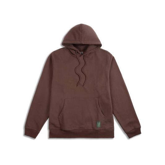 Topo Designs Alpine High Label Hoodie in brown, featuring a drawstring hood and kangaroo pocket, on a white background.