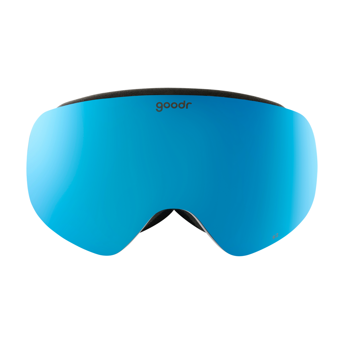 Goodr "Alpine State of Mind" ski goggles with a vibrant blue mirrored lens and black frame on a white background.