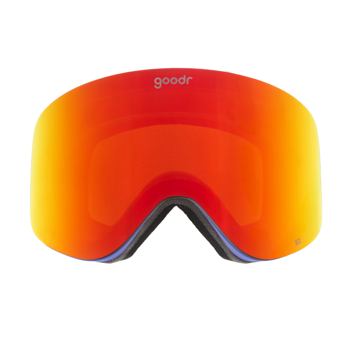 Goodr Amber Mountains Majesty ski goggles with vibrant red to yellow mirrored lens and blue frame accents.