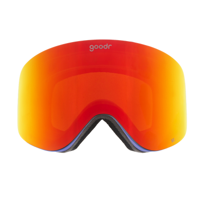Goodr Amber Mountains Majesty ski goggles with vibrant red to yellow mirrored lens and blue frame accents.