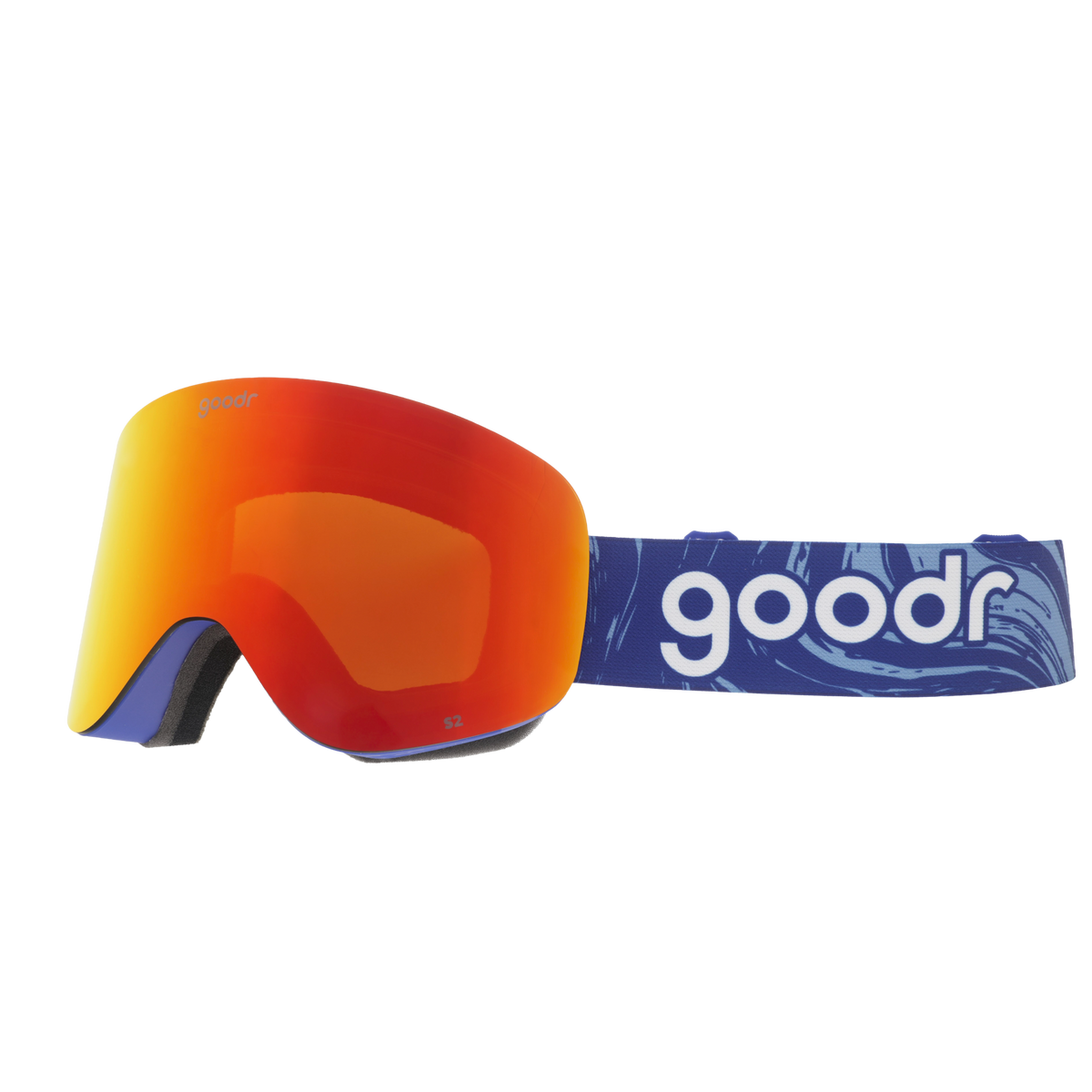 Amber Mountains Majesty goodr ski goggles with reflective orange/red lenses and a blue strap with wave pattern