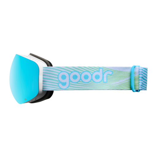 goodr Arctic Splash ski goggles with blue mirrored lens and white strap featuring green wave pattern and goodr logo.