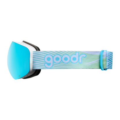 goodr Arctic Splash ski goggles with blue mirrored lens and white strap featuring green wave pattern and goodr logo.