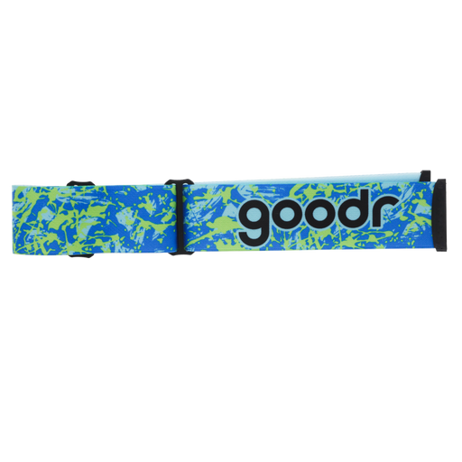 goodr Arctic Splash ski goggle strap with blue and lime green splatter pattern and goodr logo