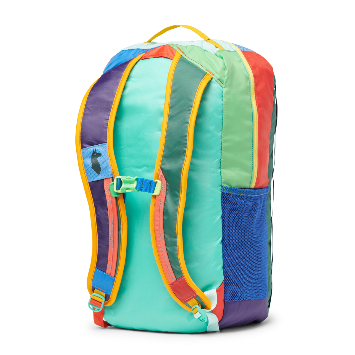 Cotopaxi Batac 24L Backpack, back view, multi-colored patchwork design with shoulder straps, a chest buckle, and a side mesh pocket.