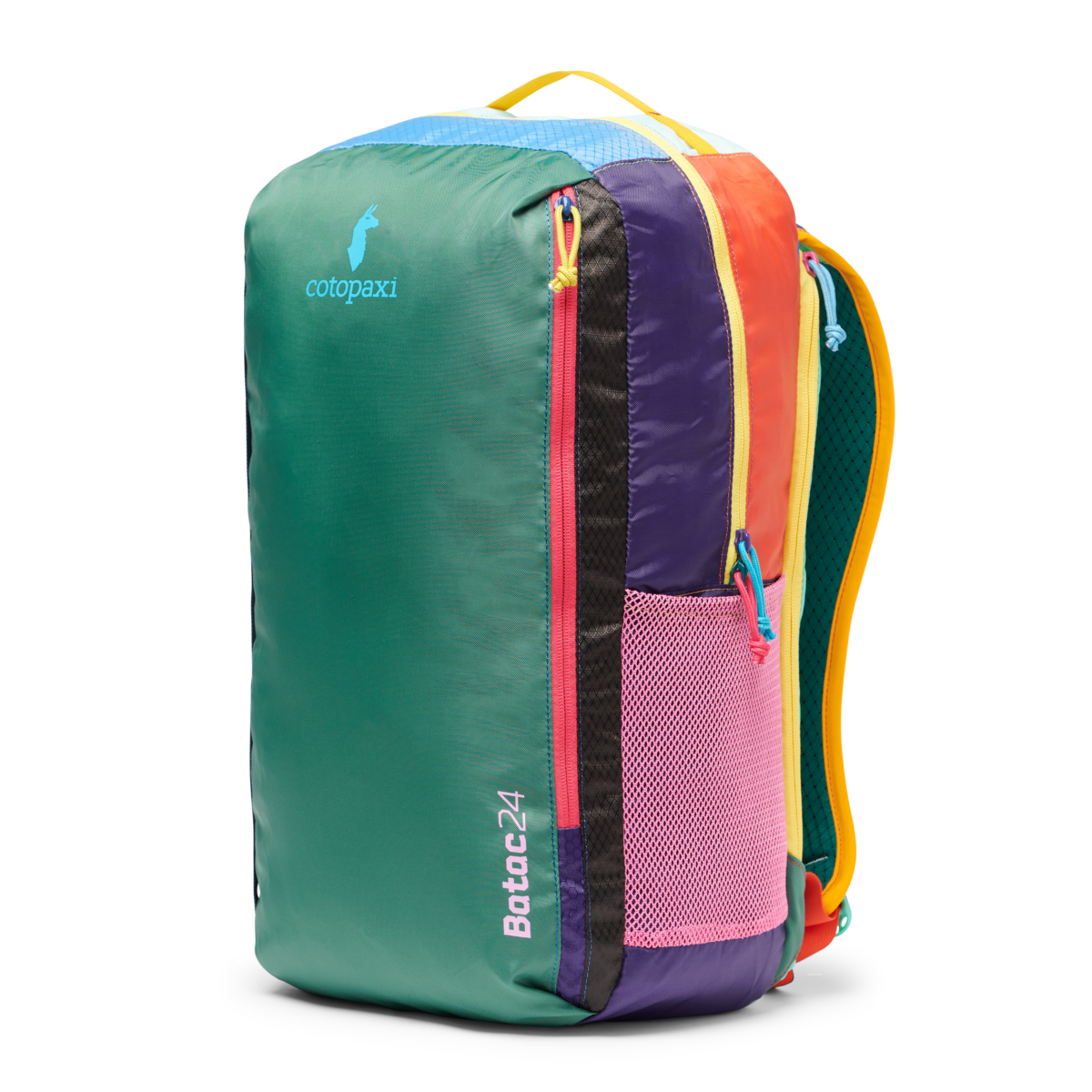 Cotopaxi Batac 24L backpack in vibrant multi-color design, featuring green front, pink accents, and side mesh pocket.