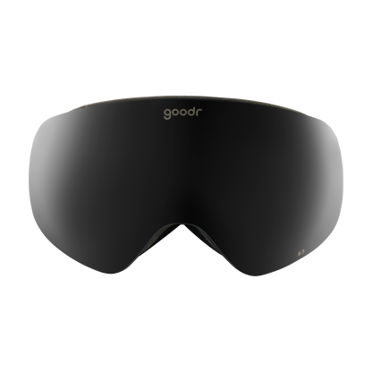 Goodr Beware of Shadow Ridge ski goggles in black, featuring a large dark lens and the goodr logo.