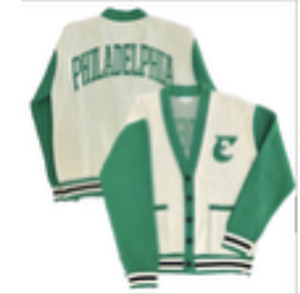 Birds Eco Cardigan | Boathouse Sports: cream & green letterman style with 'PHILADELPHIA' on back, 'E' on front, and striped cuffs.